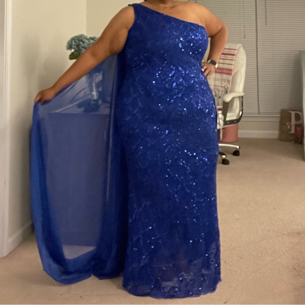 One-Shoulder Royal Blue Sequin Evening Gown